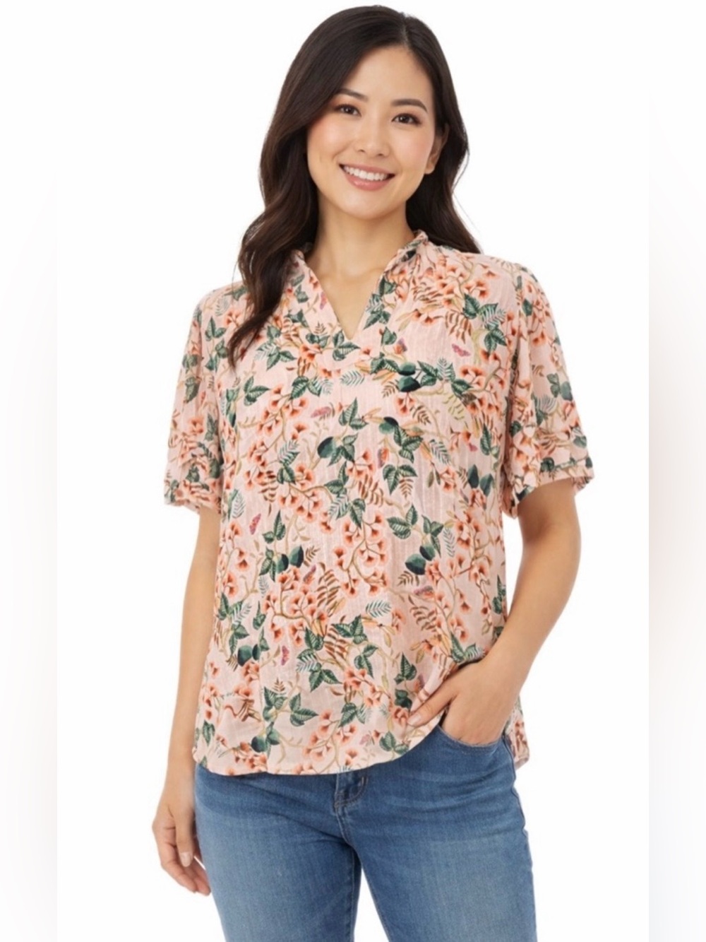 LOFT Peach Floral Split V-Neck Short Sleeve Blouse size XL